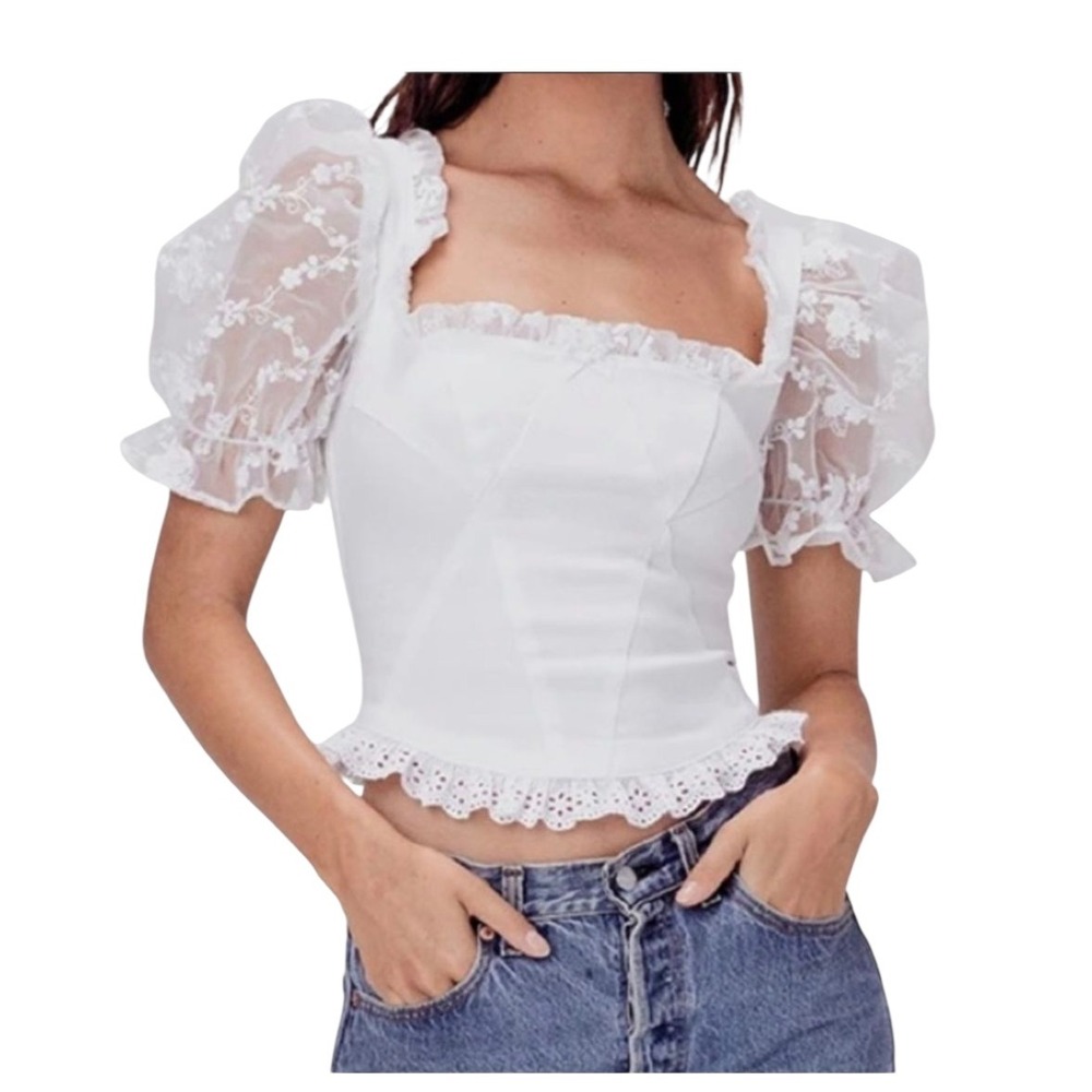 For Love & Lemons Rawlings Lace Puff Sleeve Corset Top Square Neck Trim Blouse